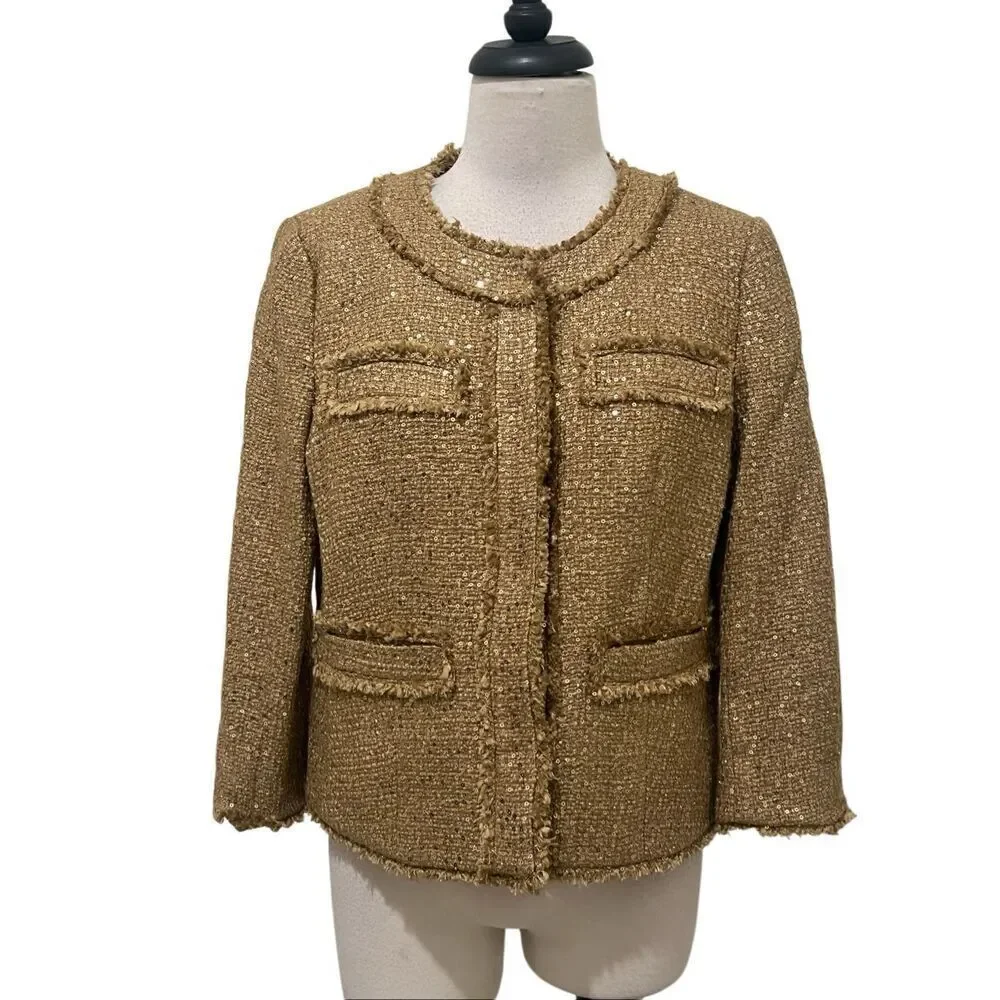 Michael Kors Womens Tweed Sequin Embellished Frayed Blazer Jacket Gold Sz 8